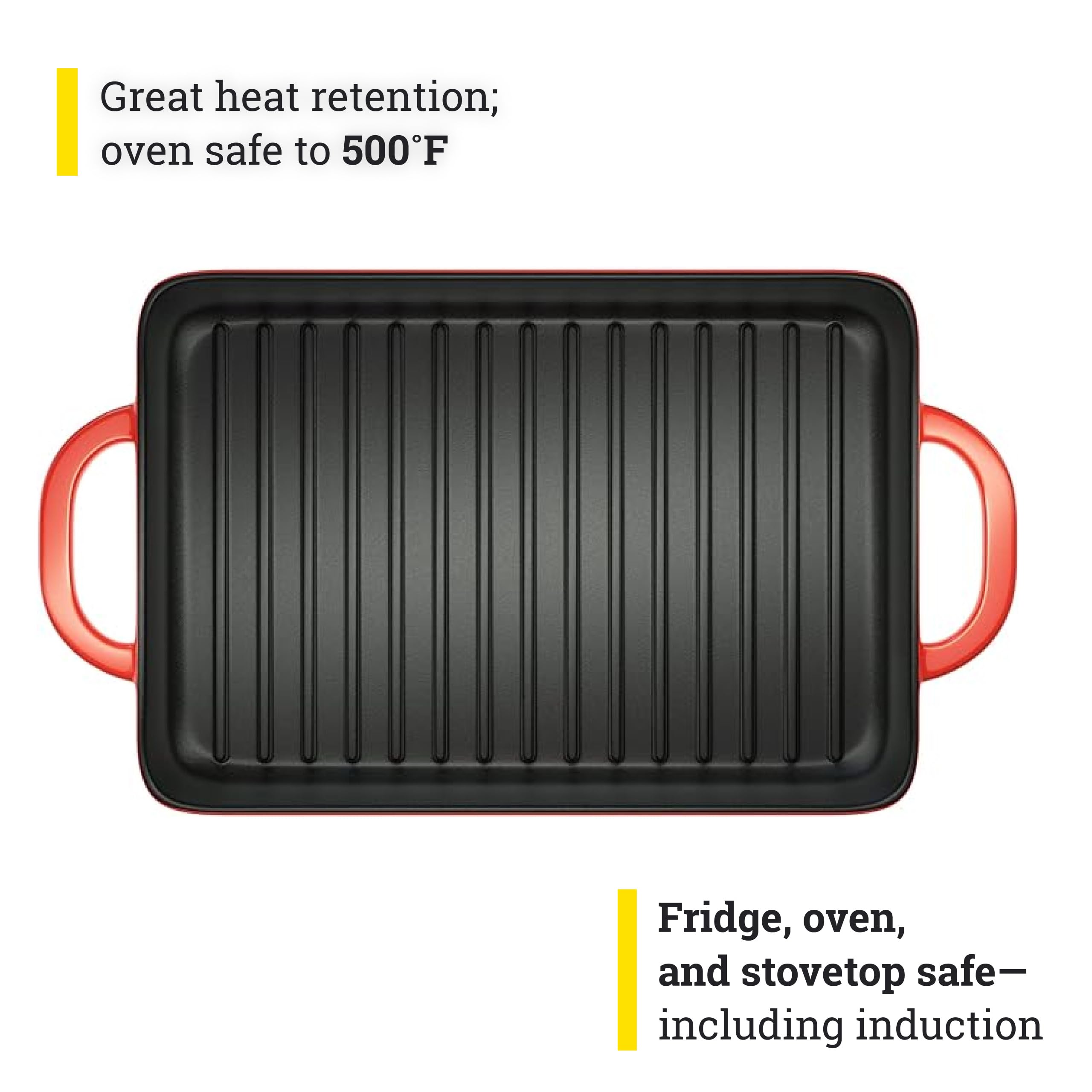 Lodge enamel grill pan on stove sears meat with even heat.