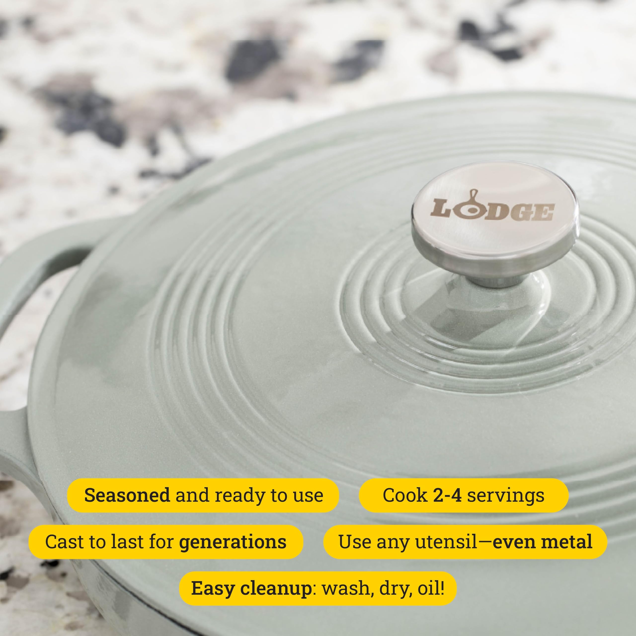 Lodge enamel interior highlights smooth surface for browning and easy cleanup.