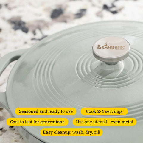 Lodge enamel interior highlights smooth surface for browning and easy cleanup.