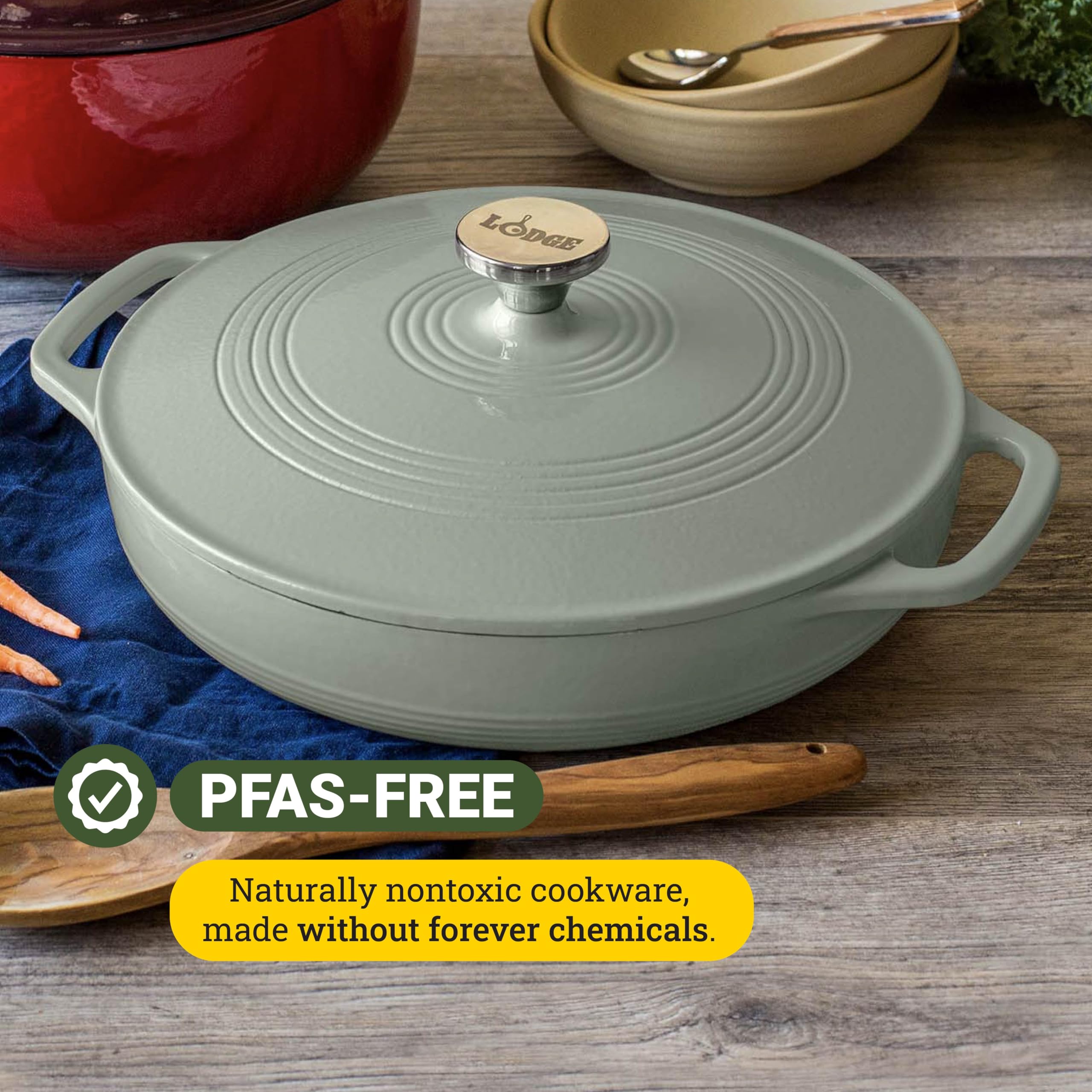 Lodge desert sage stove-top capable casserole supports sauté and simmer.