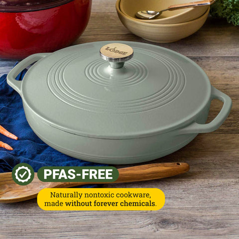 Lodge desert sage stove-top capable casserole supports sauté and simmer.