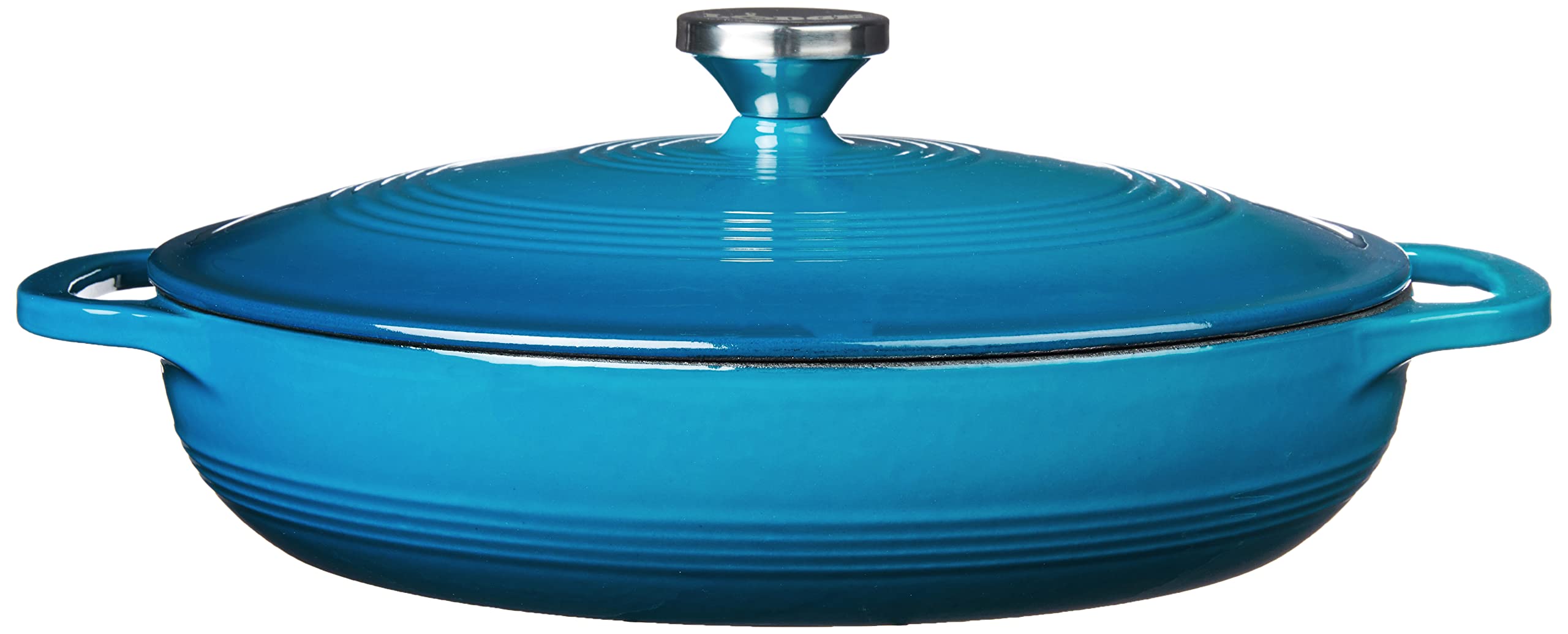 Lodge casserole with lid and dual handles in cornflower blue for safe transport.