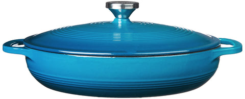 Lodge casserole with lid and dual handles in cornflower blue for safe transport.