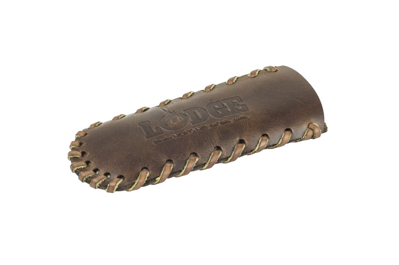 Lodge Nokona leather hot handle holder with spiral stitch for secure grip and heat protection.