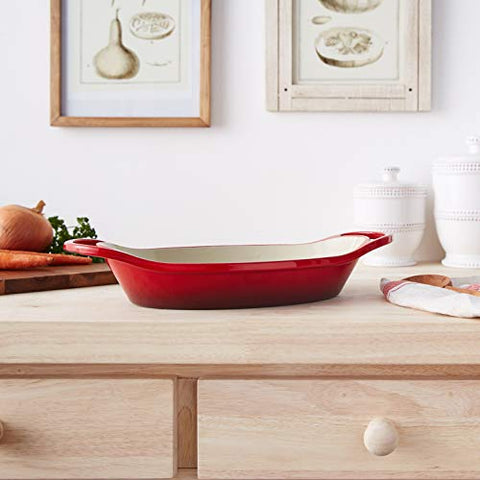Serving-ready Lodge 2-quart red casserole for effortless table presentation