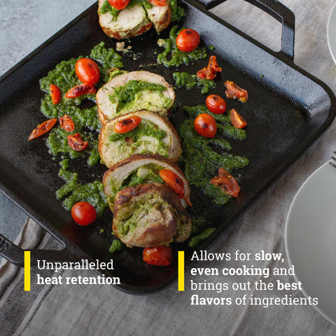 Lodge square griddle over outdoor fire for grilling and camp cooking