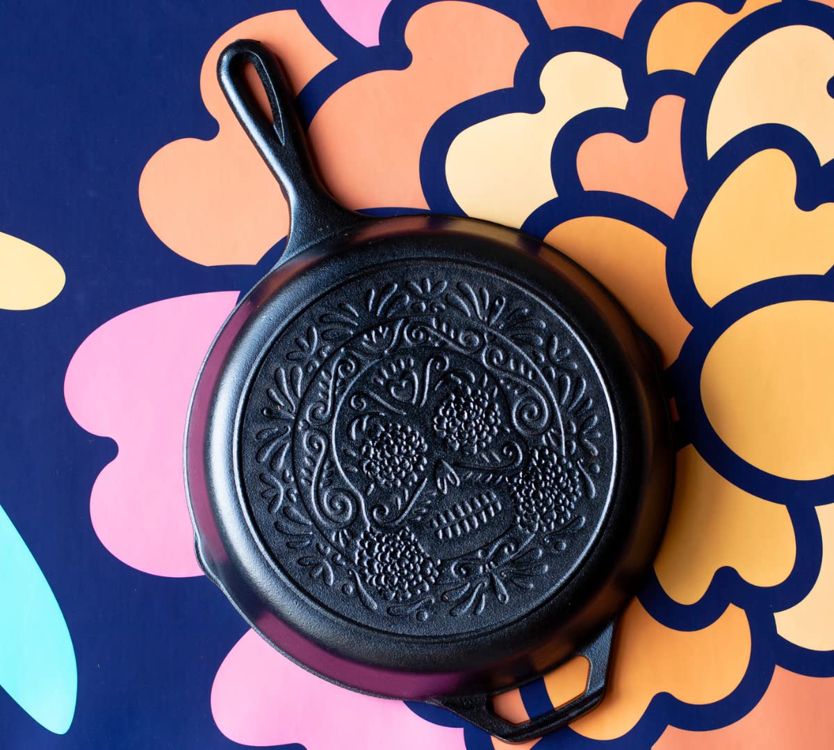 Lodge Sugar Skull design on cast iron adds artful kitchen focal point.
