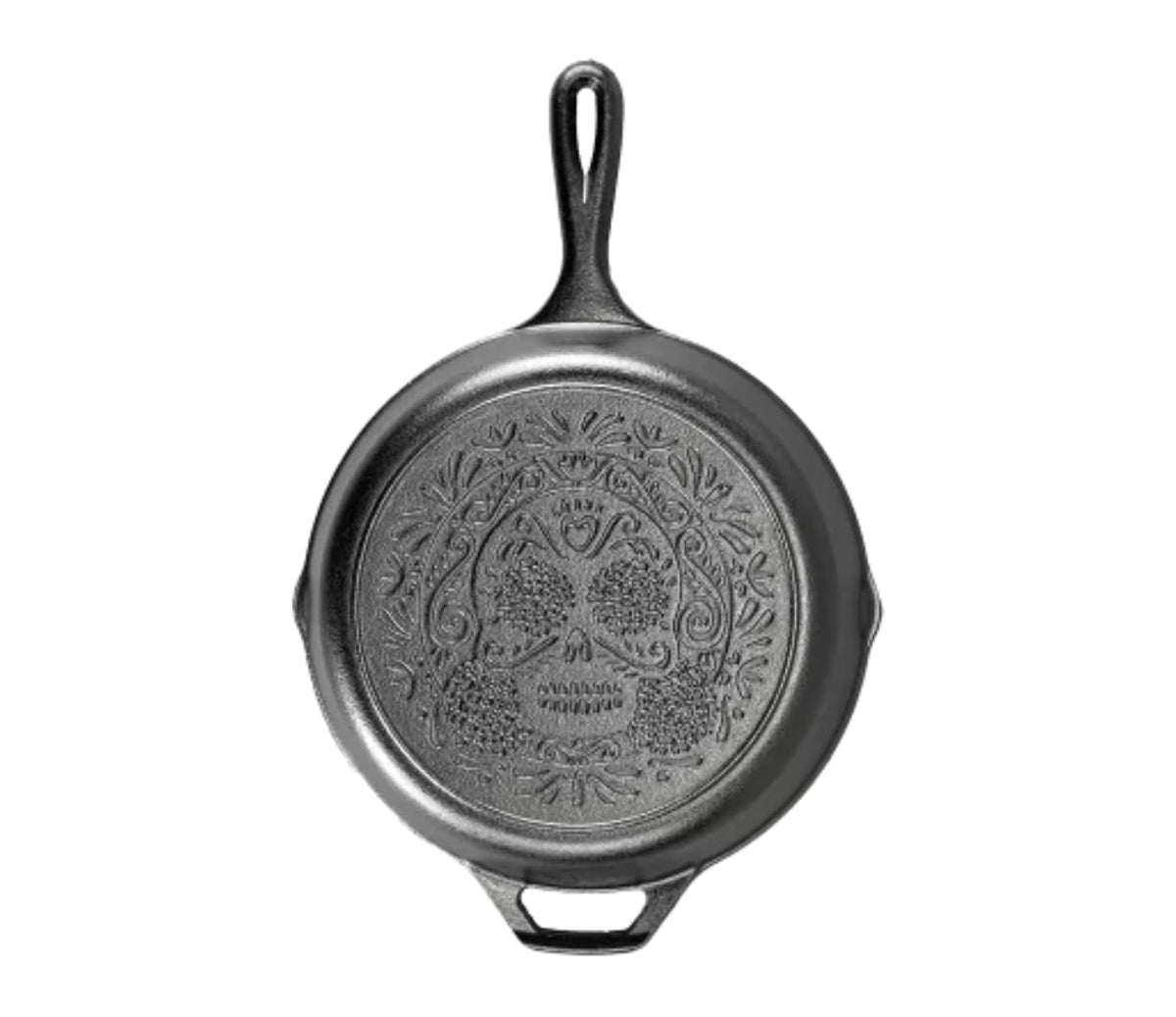 Lodge Sugar Skull stamped skillet with teardrop handle for everyday searing.