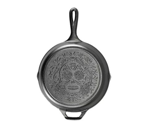 Lodge Sugar Skull stamped skillet with teardrop handle for everyday searing.