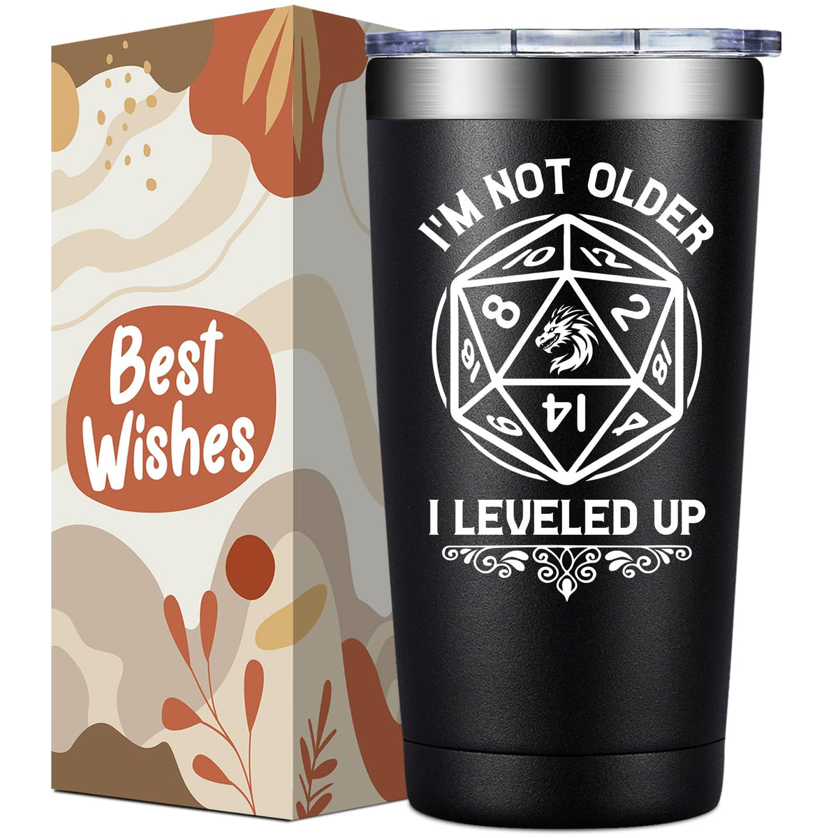 Loecuxe DND tumbler with sliding lid for secure gaming night beverages.