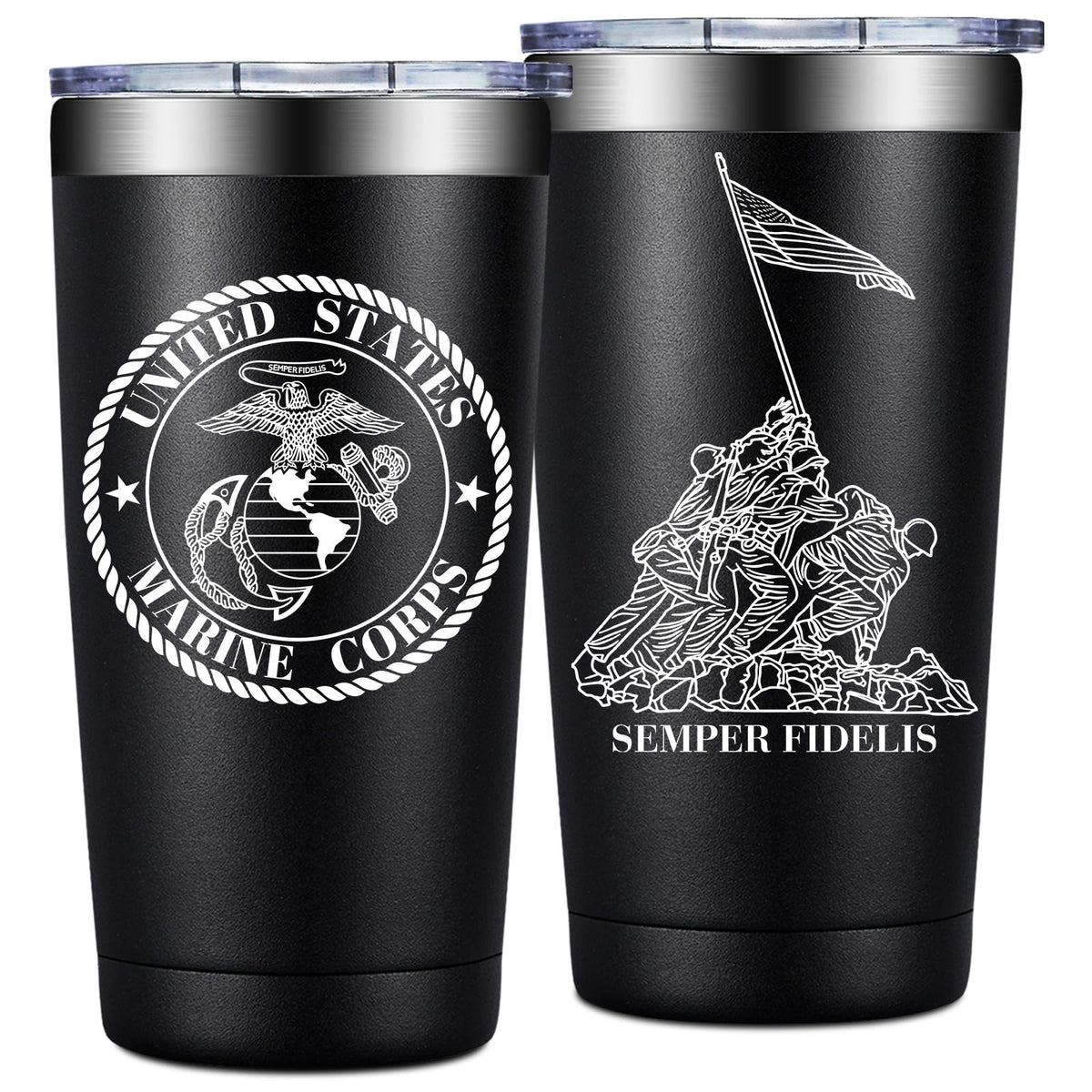 Loecuxe Marine Corps tumbler 20oz shows durable stainless steel for hot or cold drinks.