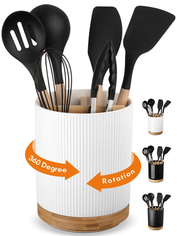 LoeJan 3-compartment utensil holder with 360° rotating base for easy reach of tools