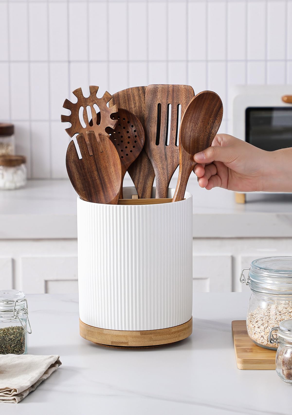 LoeJan extra large ceramic crock holds 20–25 utensils on the counter