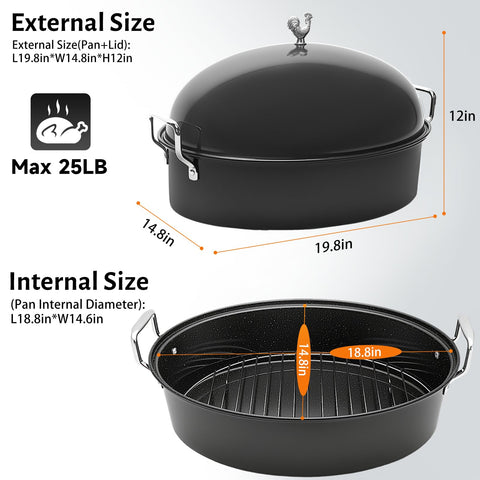 LOEUO 32L carbon steel roasting pan with rack for high-heat cooking