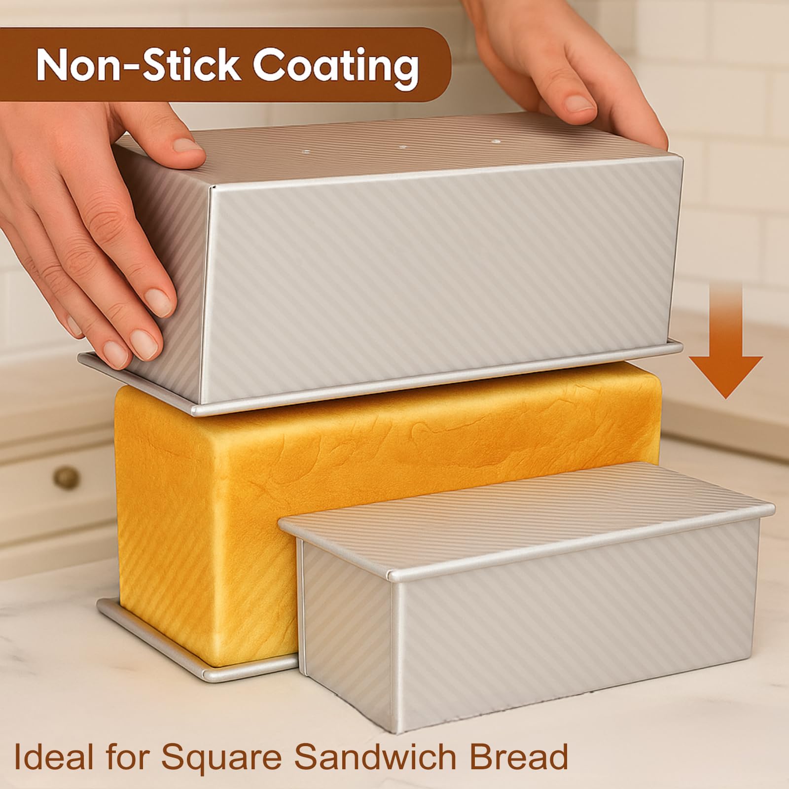 Logario lid on Logario loaf pan for safe handling and neat loaves