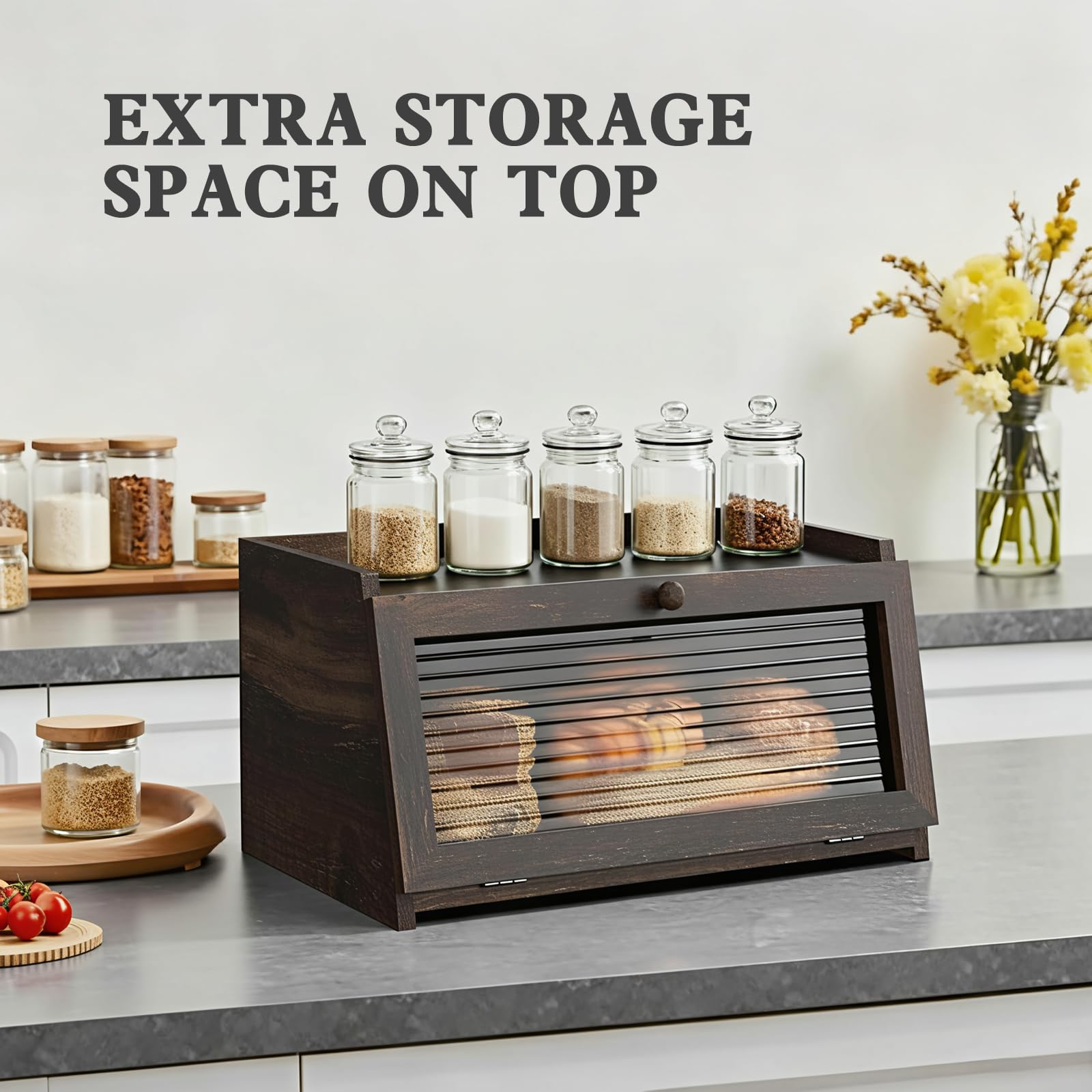 Top storage space on LOHASOK bread box for spices or small items