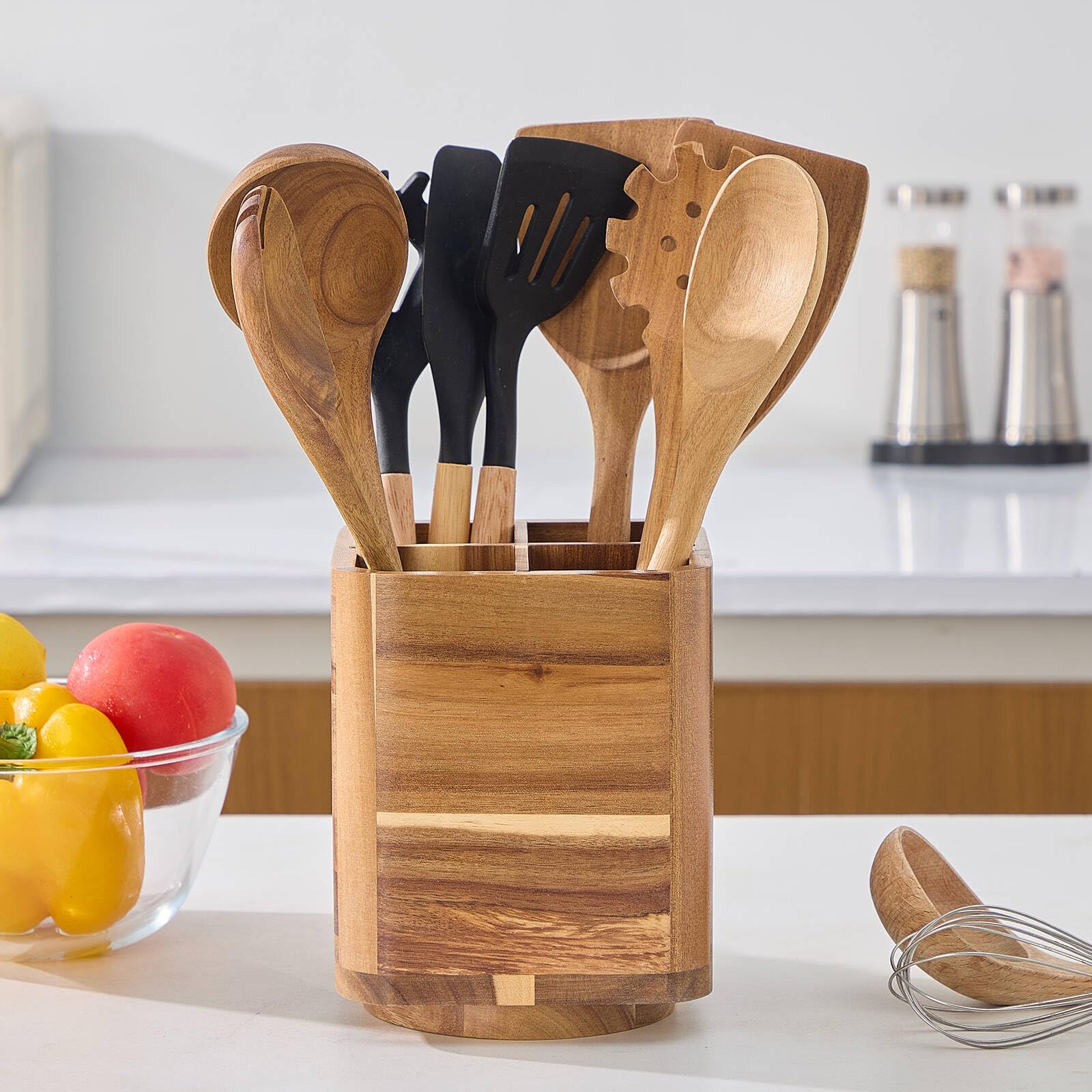 LOHONER acacia wood utensil crock offers durable, natural storage for cookware tools.