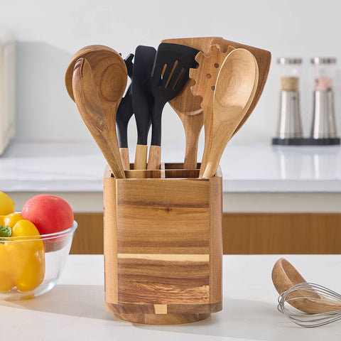 LOHONER acacia wood utensil crock offers durable, natural storage for cookware tools.