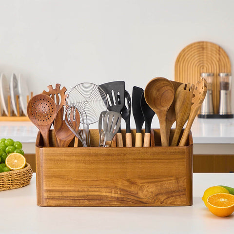 LOHONER acacia wood utensil holder, four-compartment design with warm rustic finish