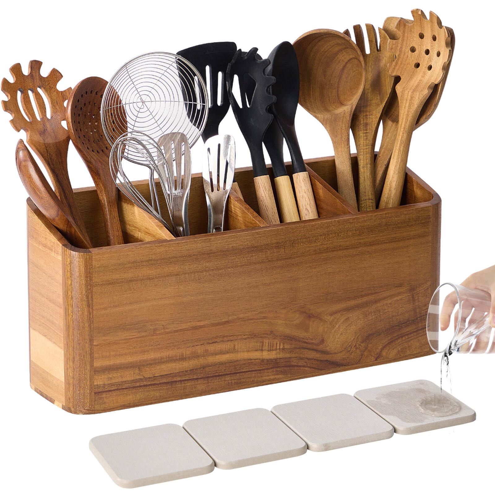 LOHONER acacia wood utensil holder, front view, keeps utensils neatly organized on the counter