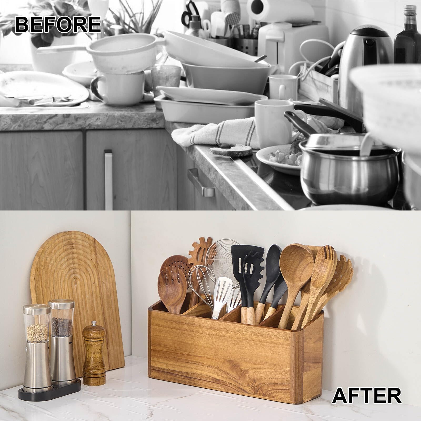 LOHONER acacia wood utensil holder with natural finish adds rustic kitchen charm