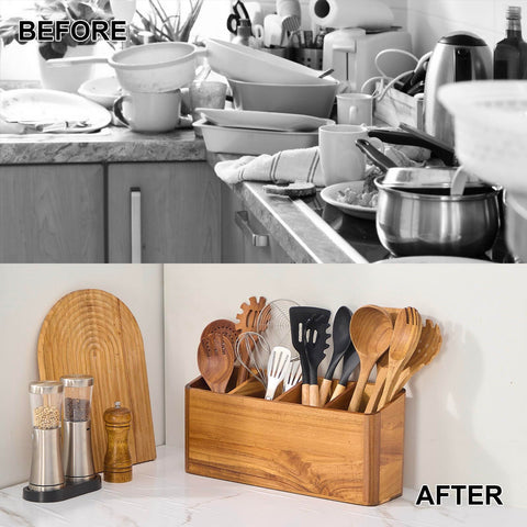 LOHONER acacia wood utensil holder with natural finish adds rustic kitchen charm