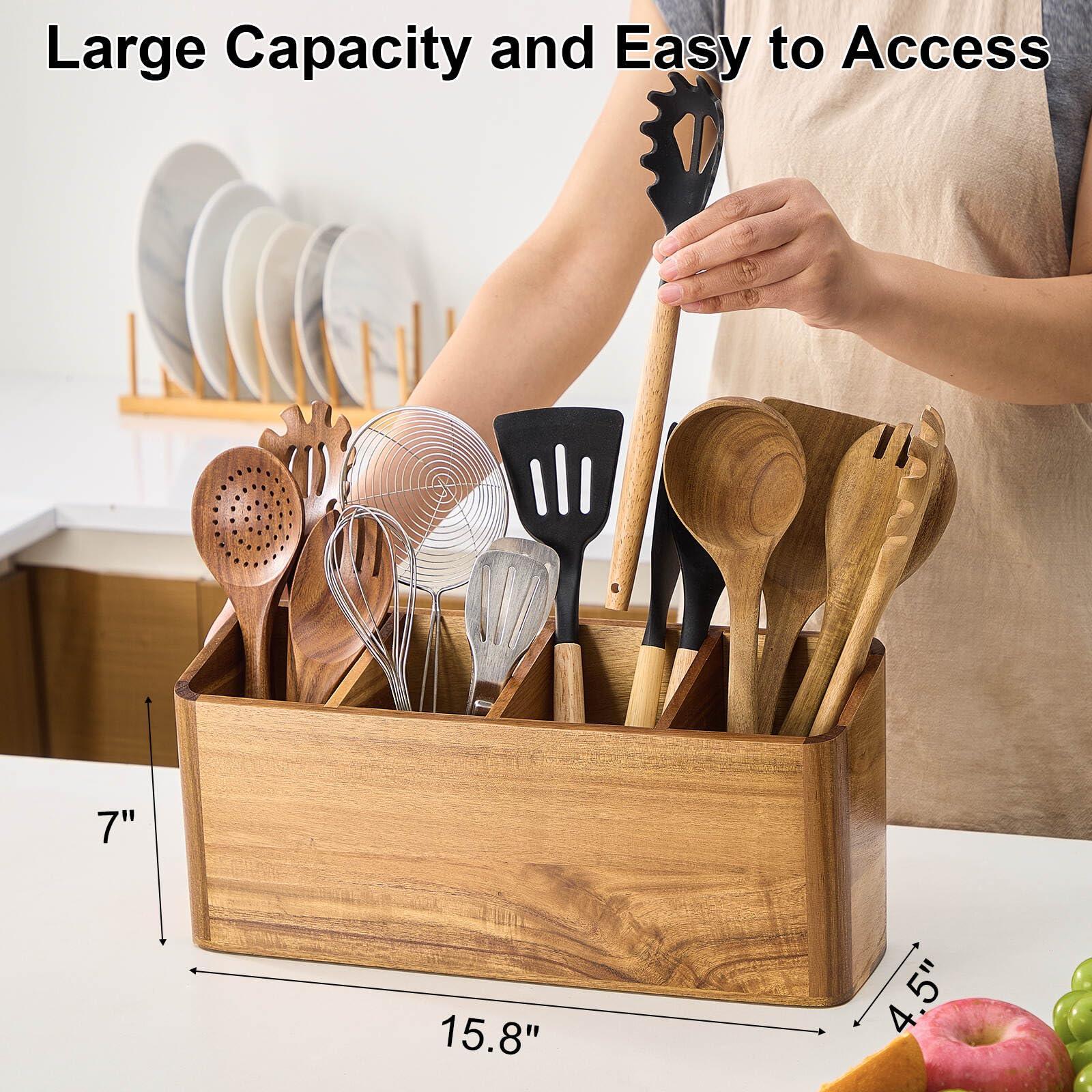 LOHONER acacia wood utensil holder, top view showing four compartments for versatile storage