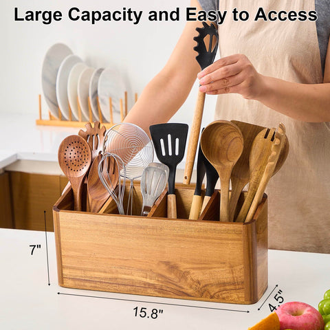 LOHONER acacia wood utensil holder, top view showing four compartments for versatile storage