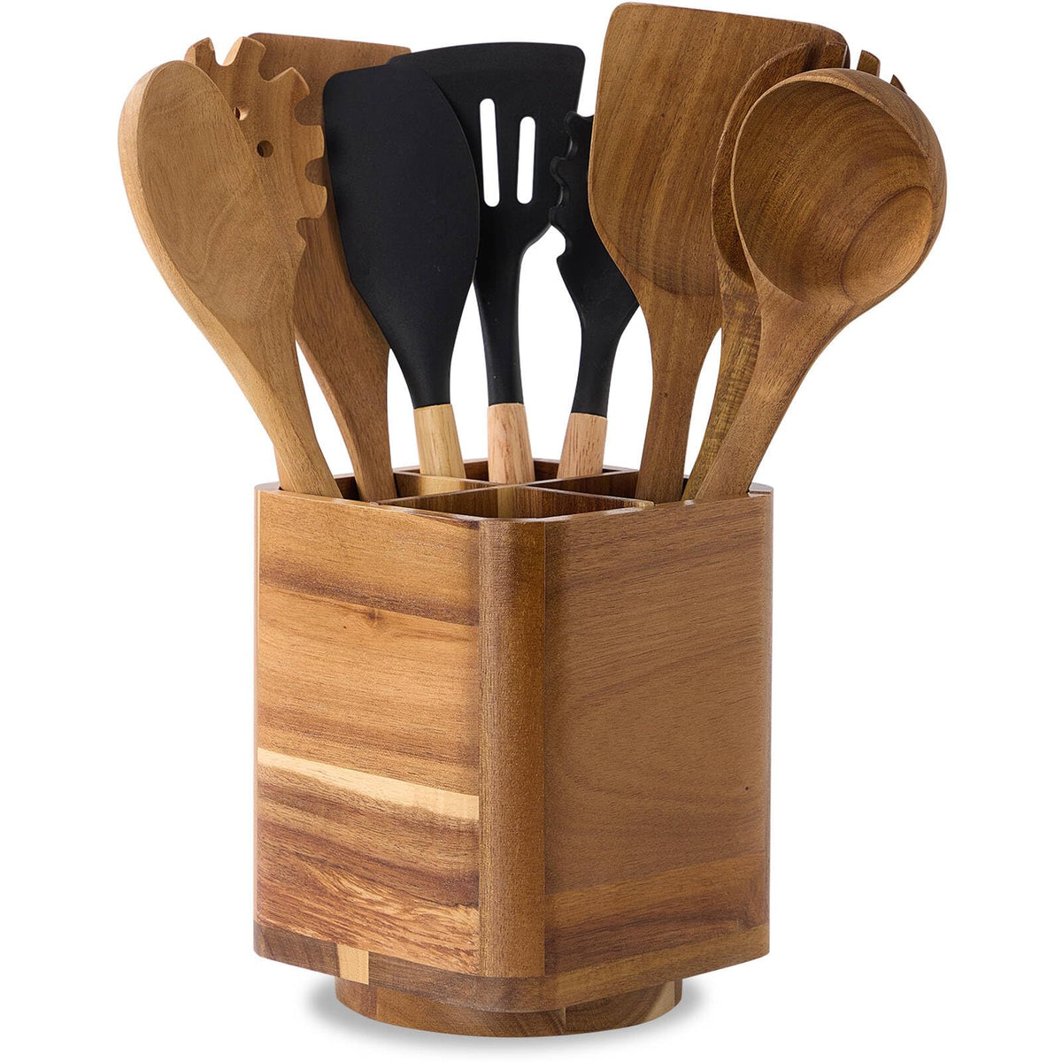 LOHONER wood utensil holder with 360° rotation keeps utensils within easy reach.