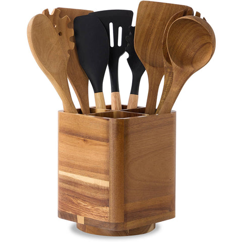 LOHONER wood utensil holder with 360° rotation keeps utensils within easy reach.