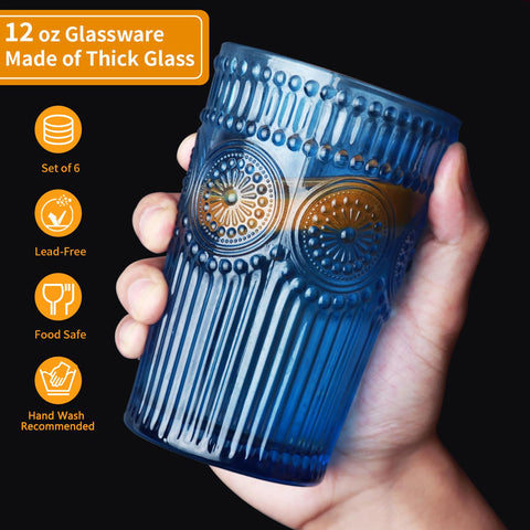 Loivttvv blue highball glass with ribbed texture for daily water and juice