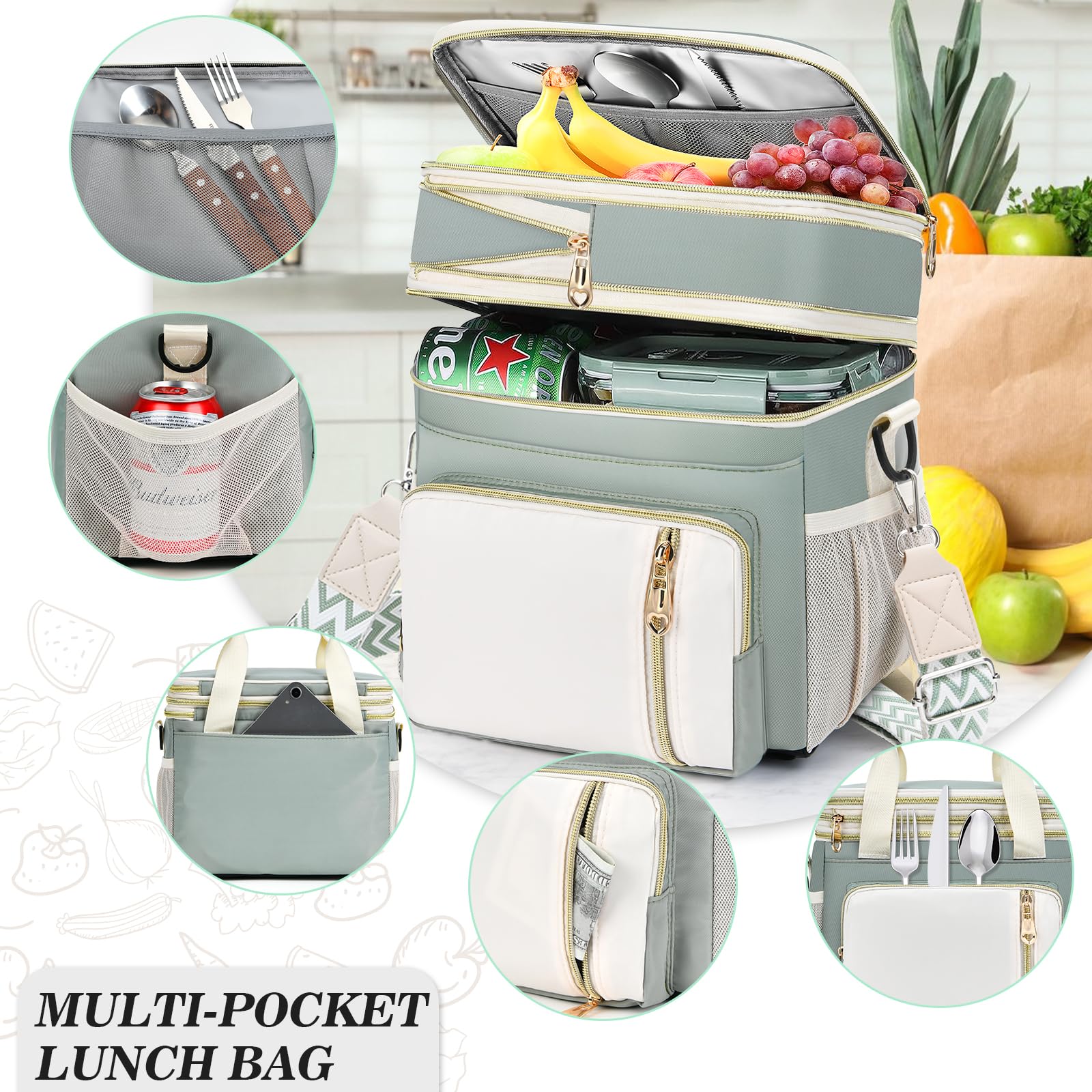 LOKASS expandable lunch bag in olive green offers extra space for snacks.