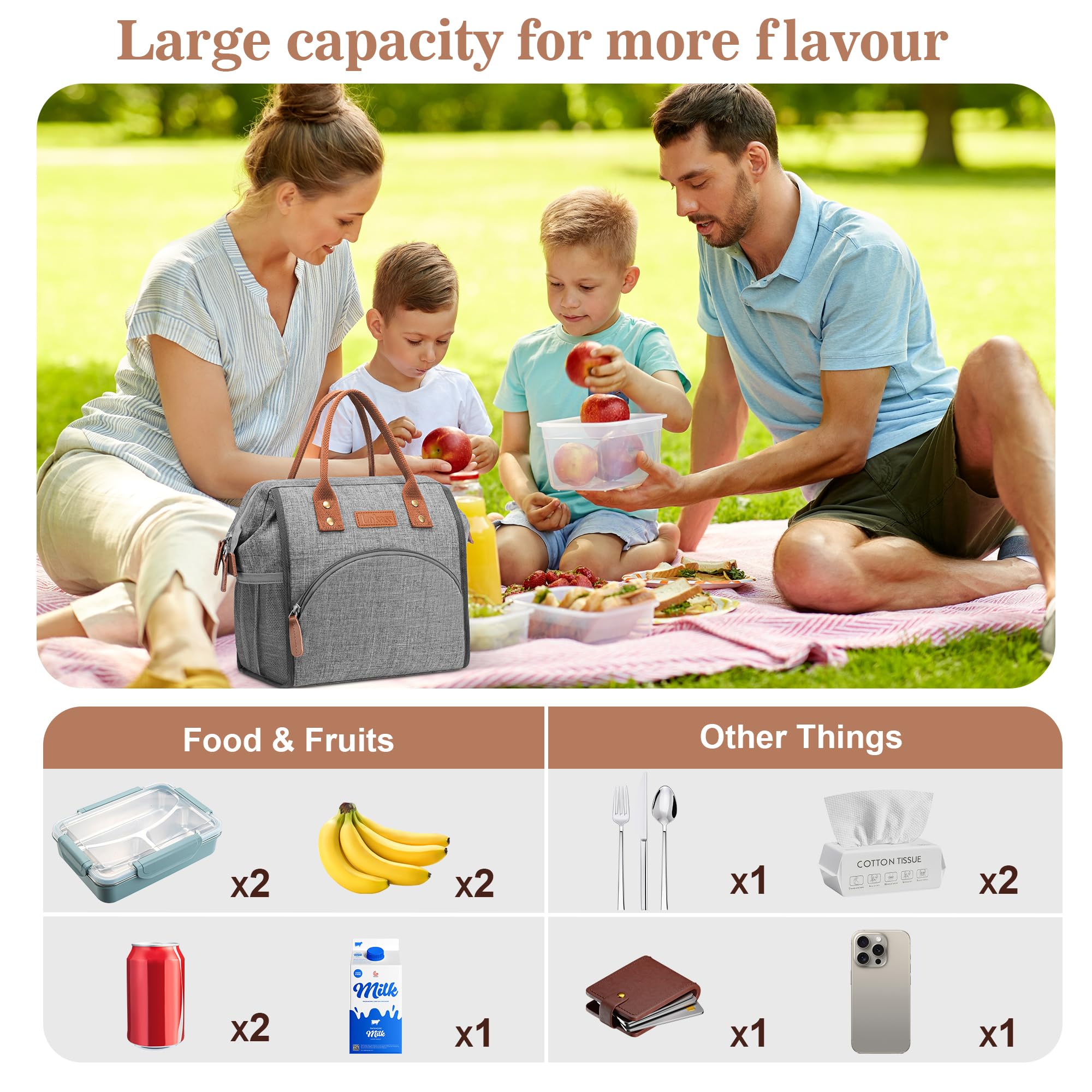 Lokass insulated lunch bag grey water-resistant exterior protects contents from dirt