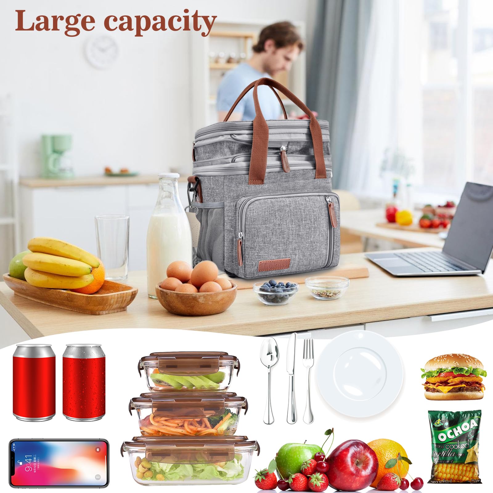 LOKASS interior mesh pocket for utensils keeps essentials organized.