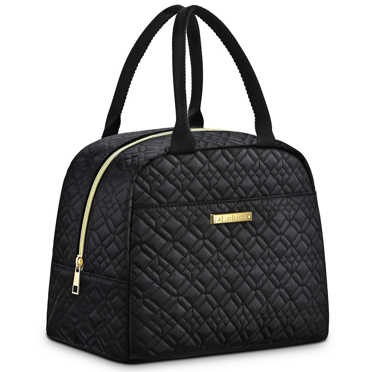 LOKASS lunch bag with black embroidery, front view, stylish for work