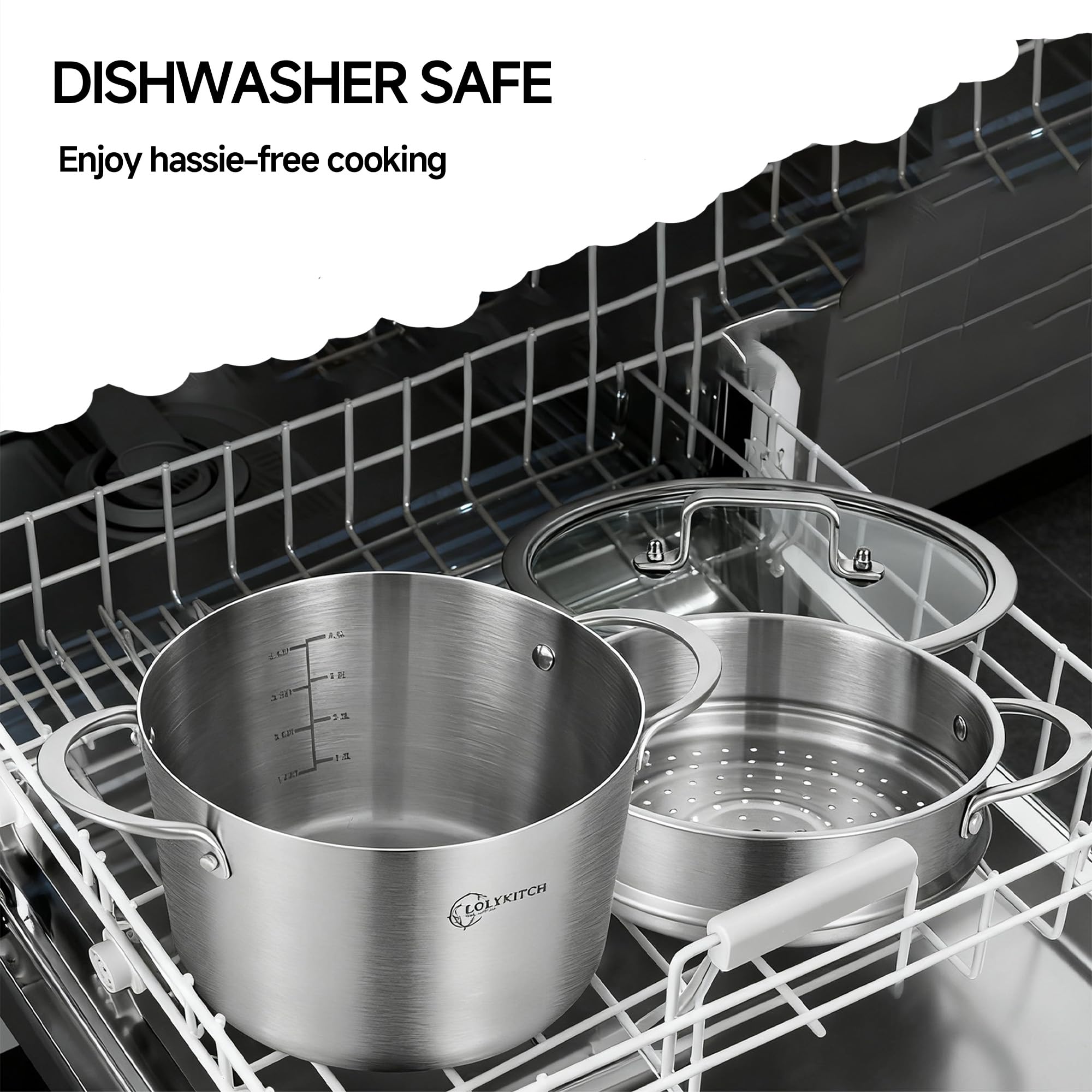 LOLYKITCH stock pot is dishwasher-safe for easy cleanup.