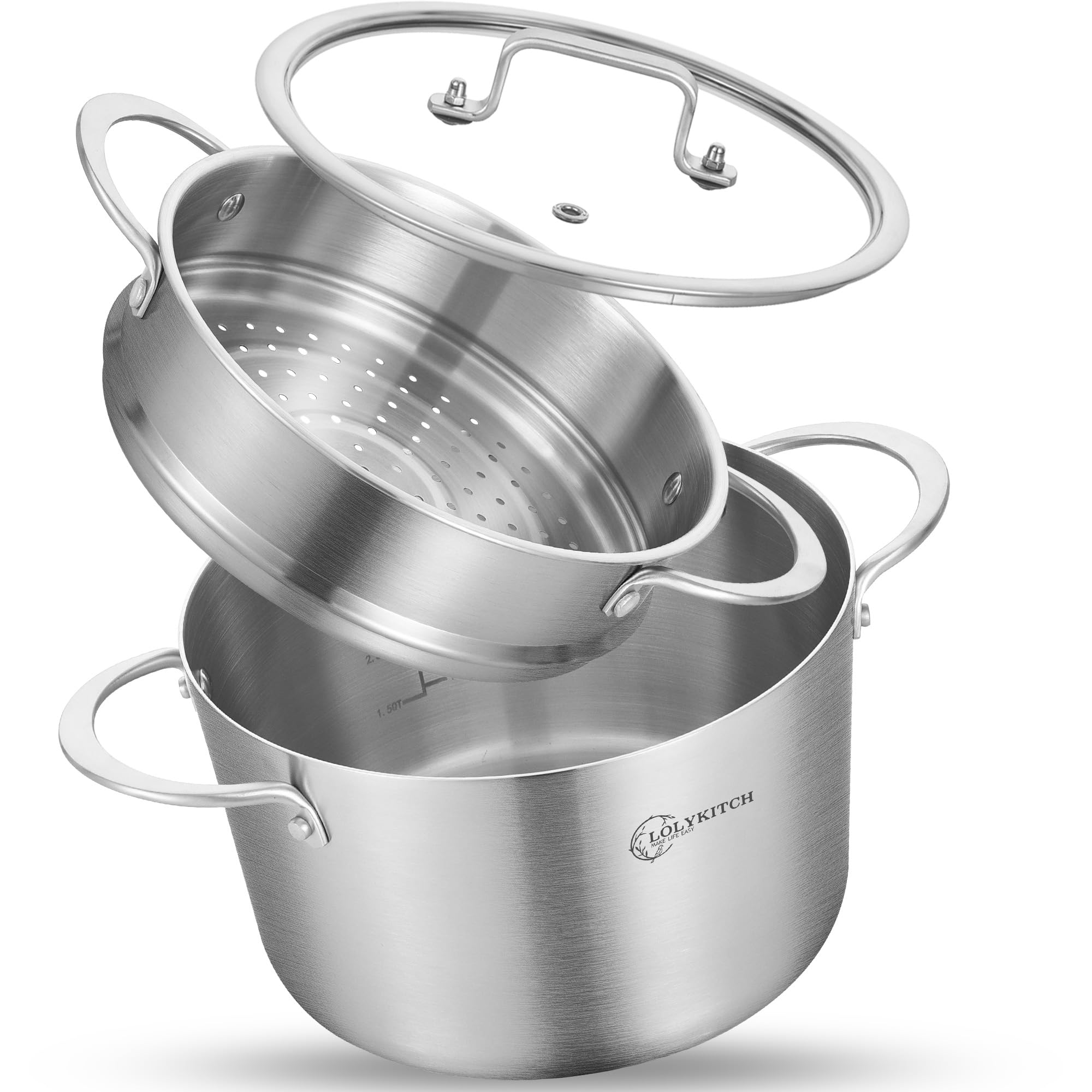 LOLYKITCH tri-ply 5qt stock pot with steamer for even heating.