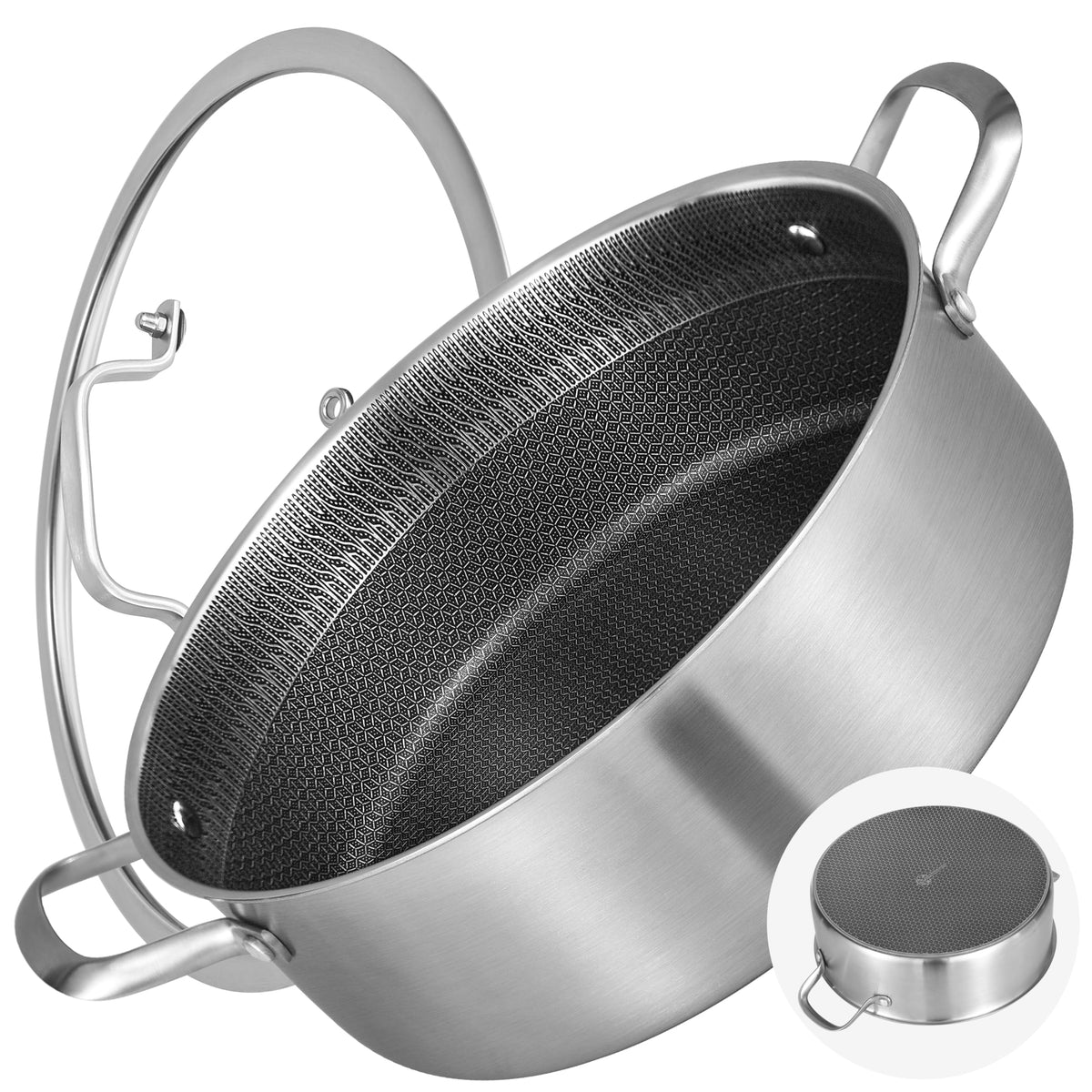 LOLYKITCH tri-ply sauté pan with lid showing even heating for versatile cooking