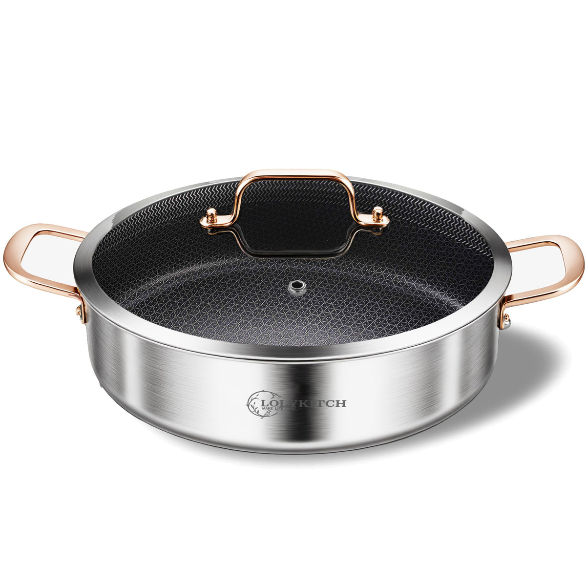 LOLYKITCH 6QT hybrid tri-ply sauté pan with lid for even heat and easy release.