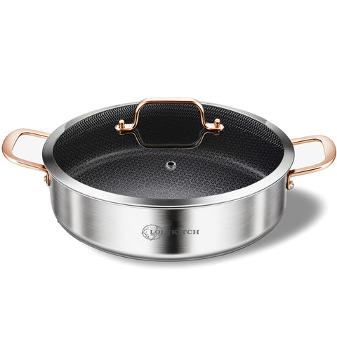 LOLYKITCH 6QT hybrid tri-ply sauté pan with lid for even heat and easy release.