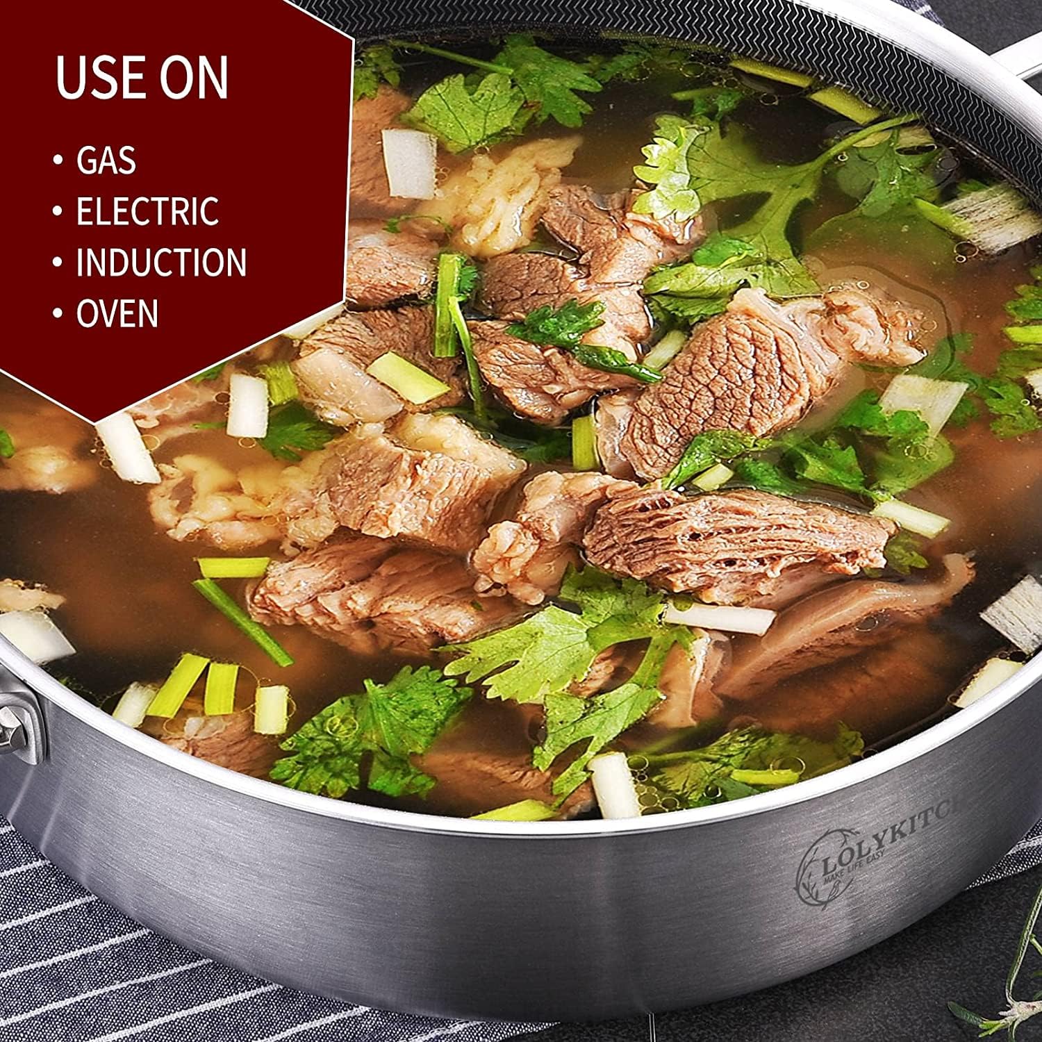 LOLYKITCH glass lid with vent helps monitor progress during simmering.