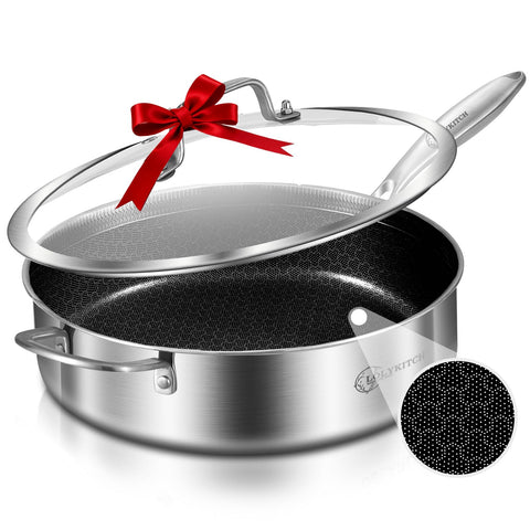 LOLYKITCH hybrid tri-ply pan lid closeup showing secure fit and even heat