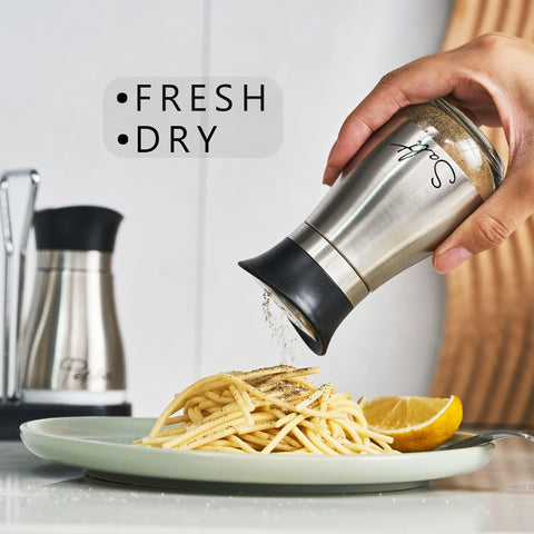 Lonffery stainless steel salt container with glass bottle for clear level visibility.
