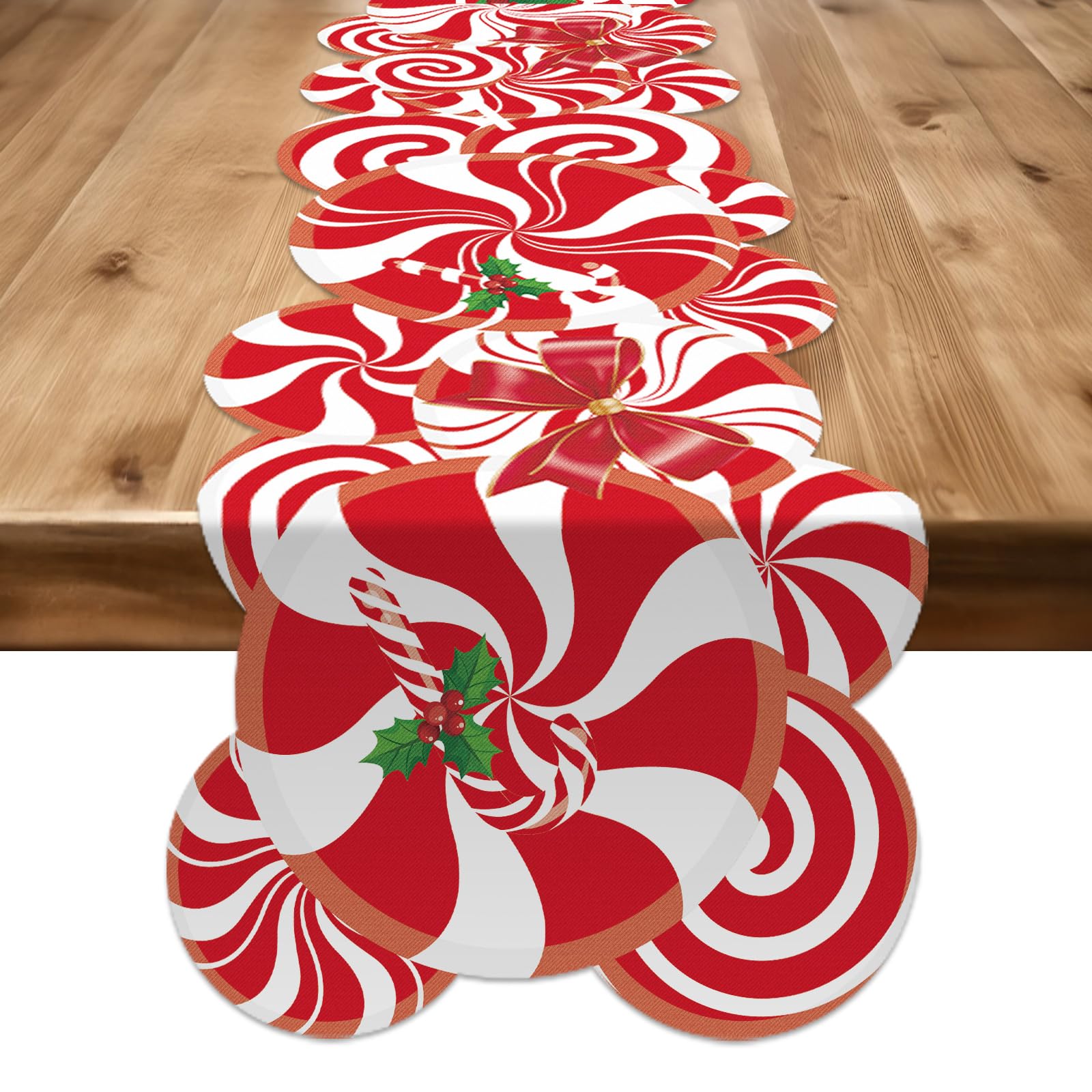 Lonfliness peppermint-lollipop red-white table runner adds festive charm to holiday dinners.