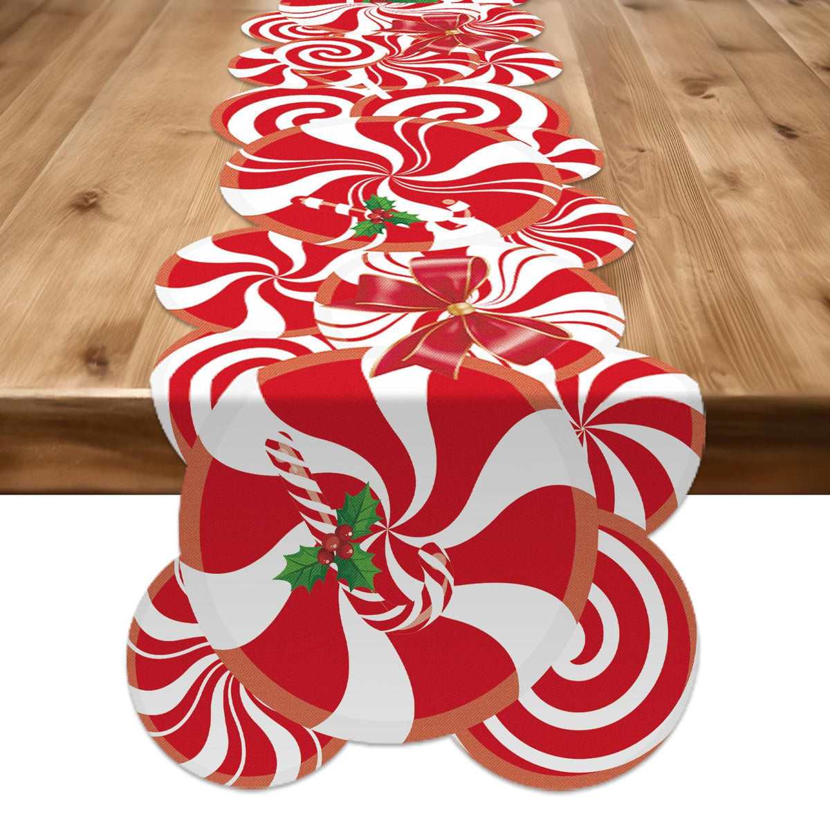 Lonfliness peppermint-lollipop red-white table runner adds festive charm to holiday dinners.
