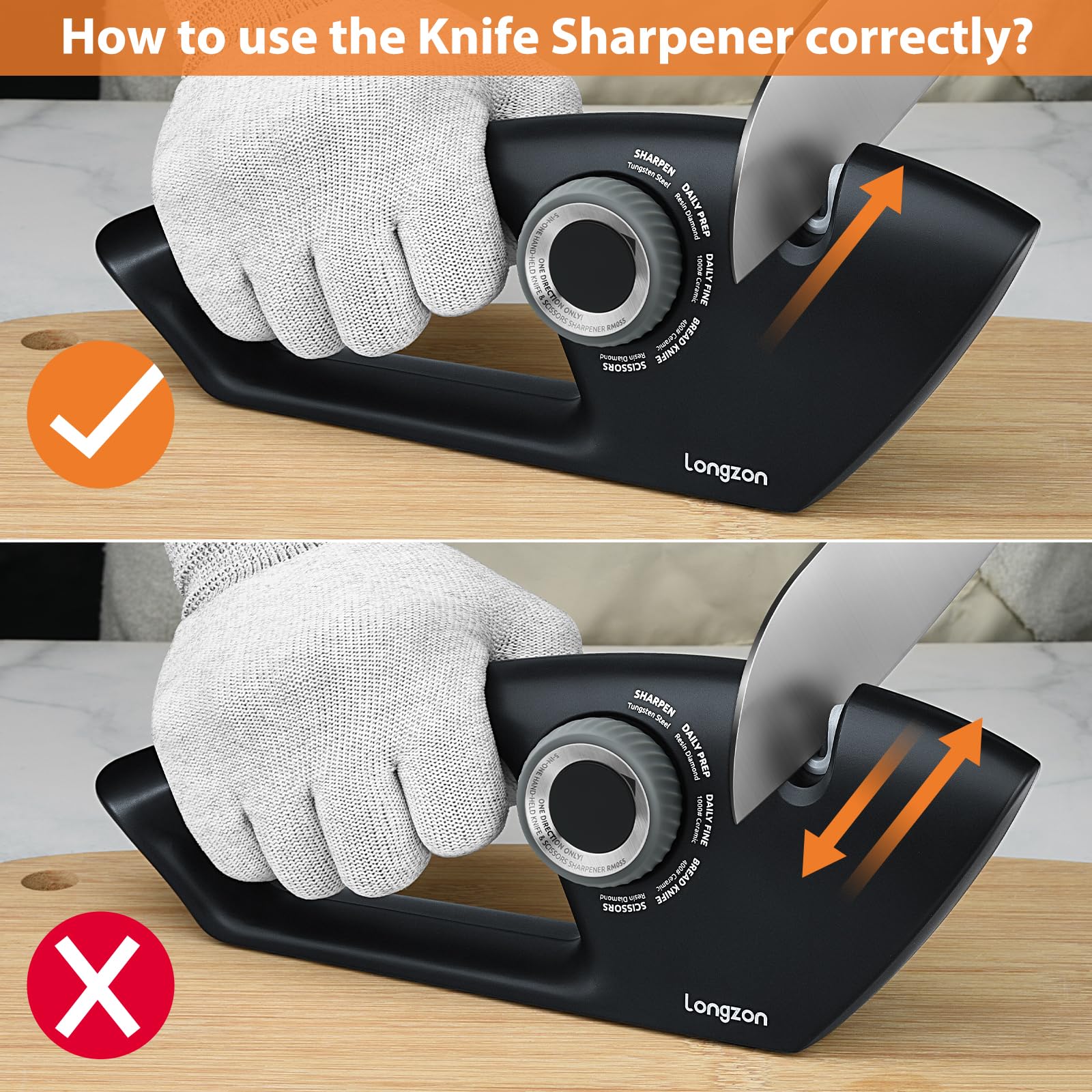 Longzon cut-resistant glove included for safer sharpening at home