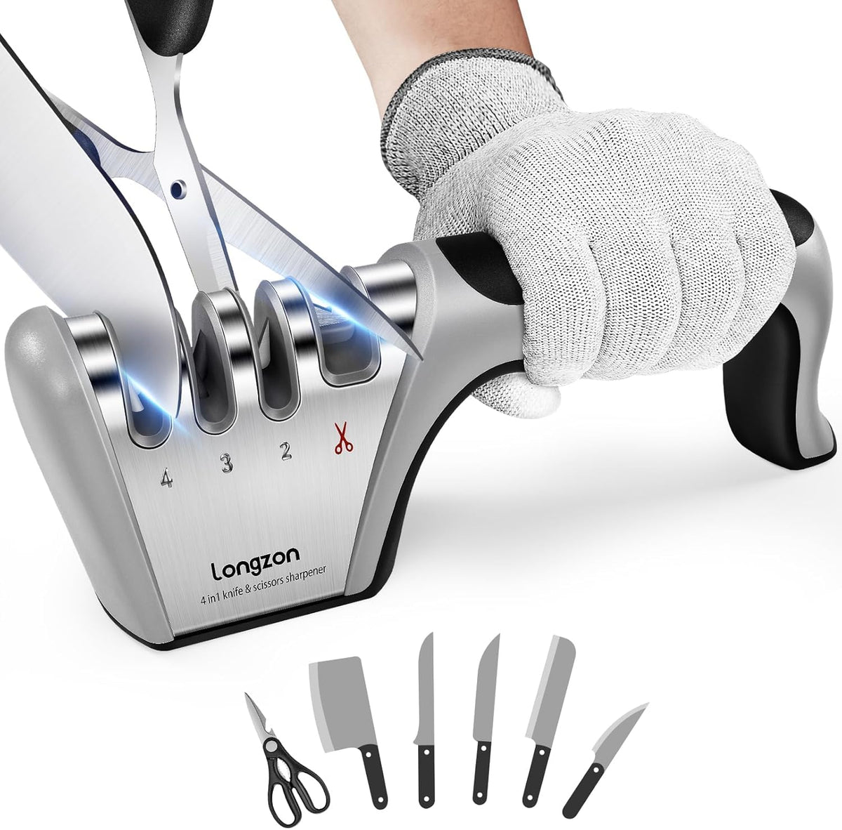 Longzon 4-stage knife sharpener, front view, versatile blade sharpening.