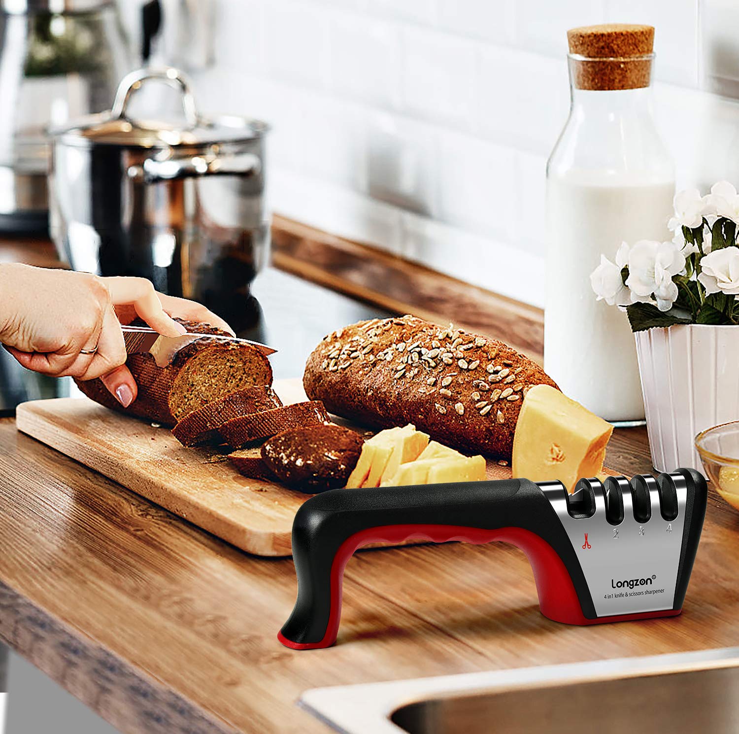Longzon knife sharpener handles scissors and various knives for versatile kitchen tasks.