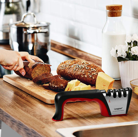 Longzon knife sharpener handles scissors and various knives for versatile kitchen tasks.