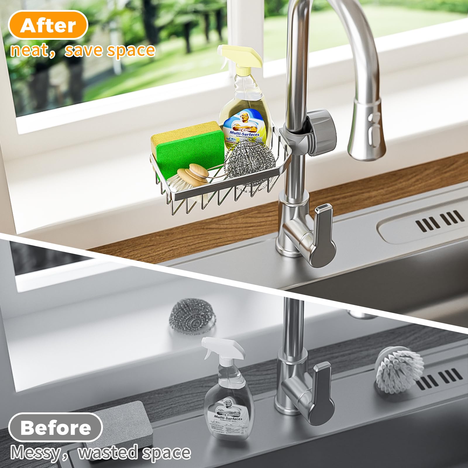 LONIN detachable drain rack in chrome adds flexible faucet-mounted storage.